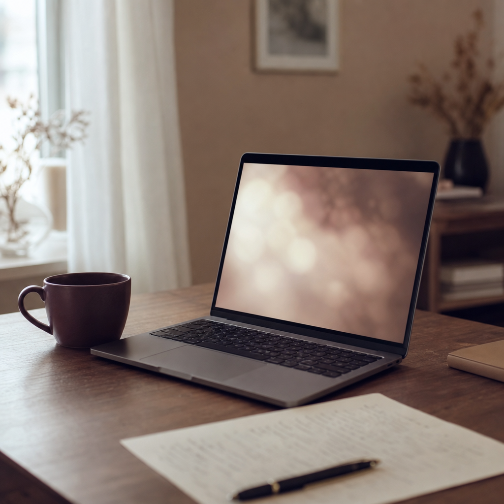 Laptop z otwartym oknem rozmowy wideo, obok kubek i notatki